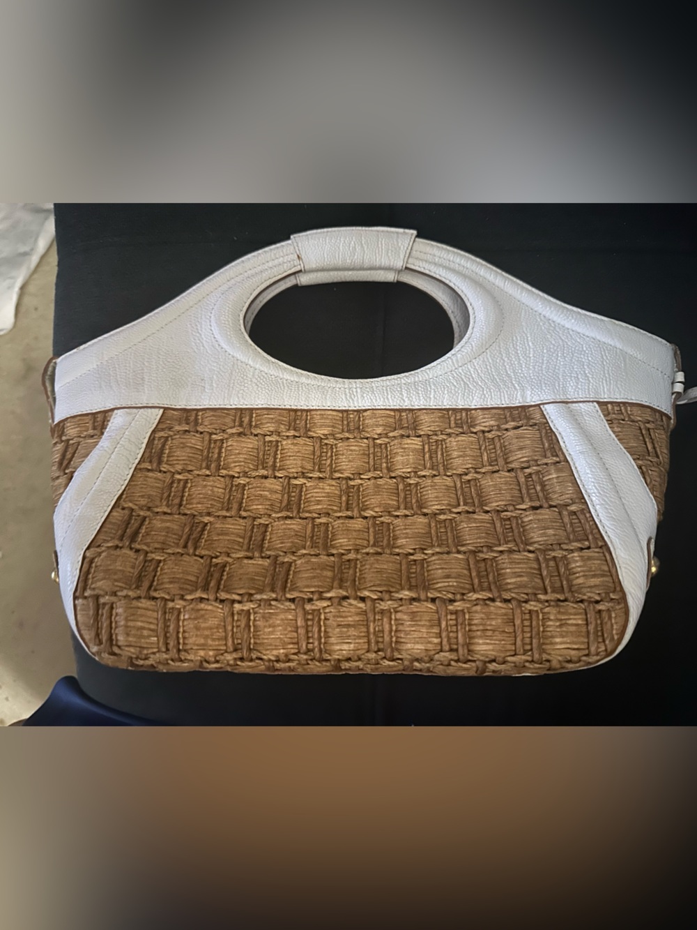 Woven Straw and White Trim Brahmin Handbag - Neutral Summer Tote - Picture 2 of 6